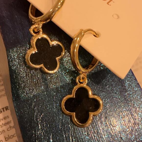 Four Leaf Clover Earrings Hoop Dangle 14K Gold Clover Earrings Non Tarnish Black - Picture 1 of 11